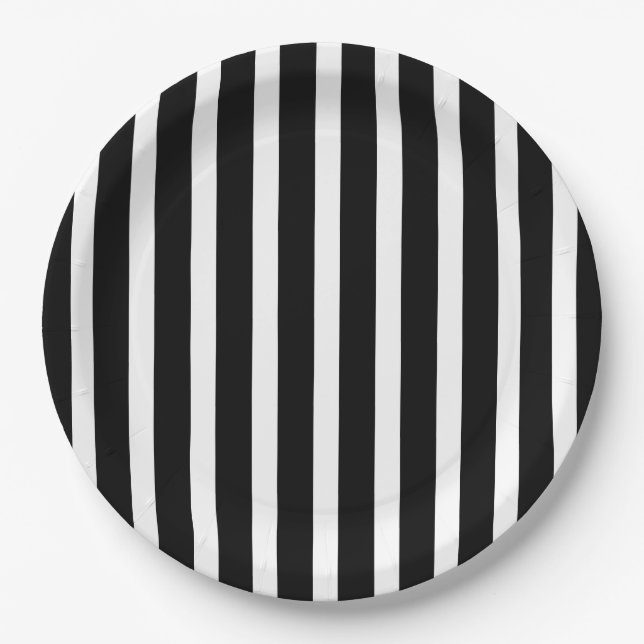 Gothic Black and White Stripes Birthday Paper Plate (Front)
