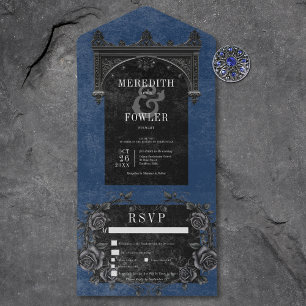 Gothic Black Arch & Black Roses Blue Dinner All In One Invitation