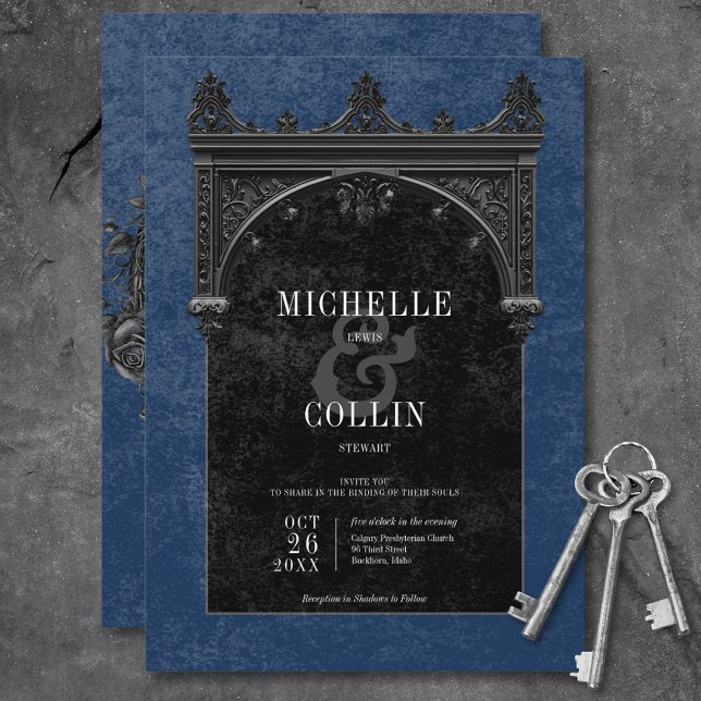 Gothic Black Arch & Black Roses Blue Wedding Invitation (Gothic Black Arch & Black Roses Blue Wedding Invitation)