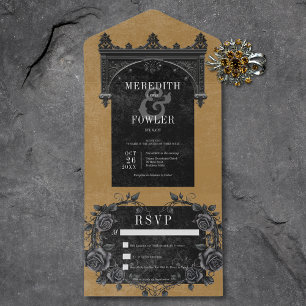 Gothic Black Arch & Black Roses Gold No Dinner All In One Invitation