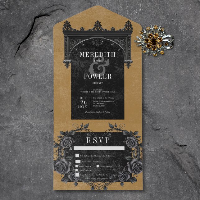 Gothic Black Arch & Black Roses Gold Three Dinner All In One Invitation (Gothic Black Arch & Black Roses Gold Three Dinner All In One Invitation)