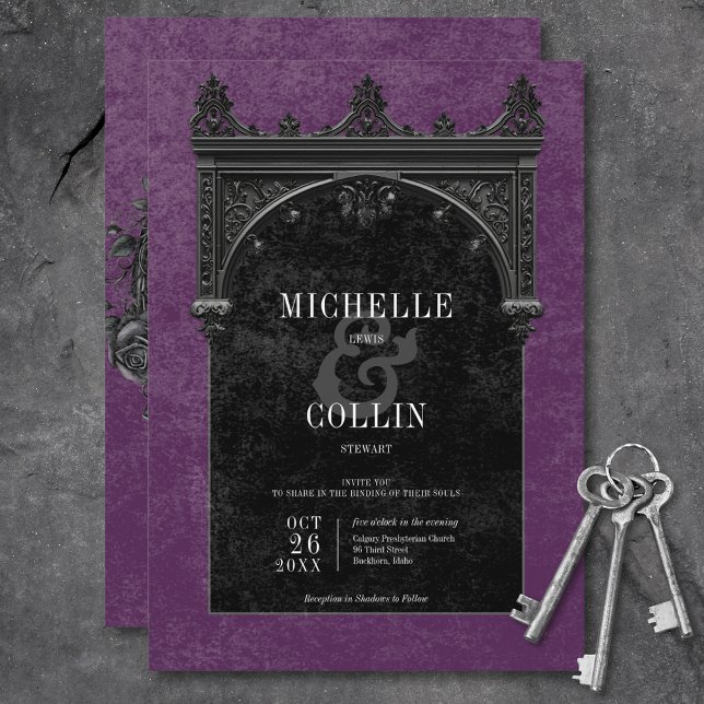 Gothic Black Arch & Black Roses Purple Wedding Invitation (Gothic Black Arch & Black Roses Purple Wedding Invitation)