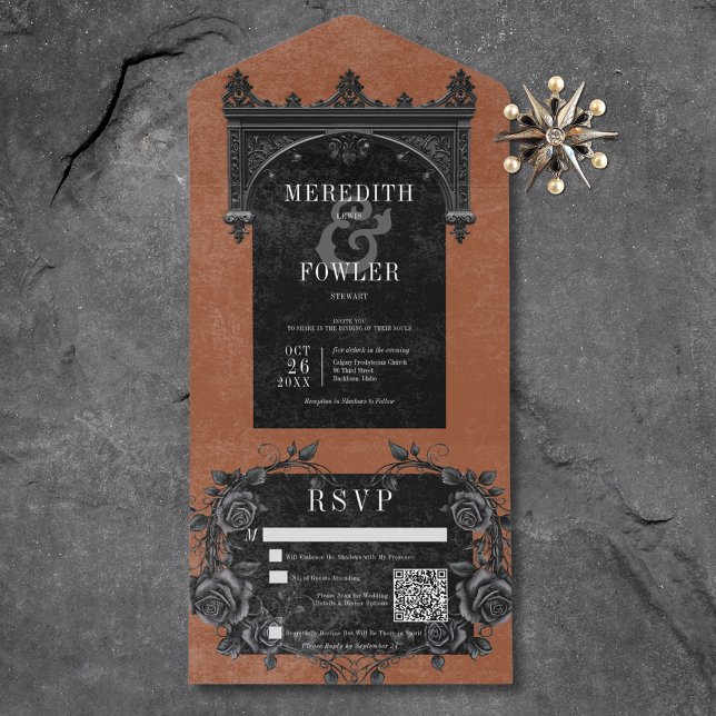 Gothic Black Arch & Black Roses Rust QR Code All In One Invitation (Gothic Black Arch & Black Roses Rust QR Code All In One Invitation)