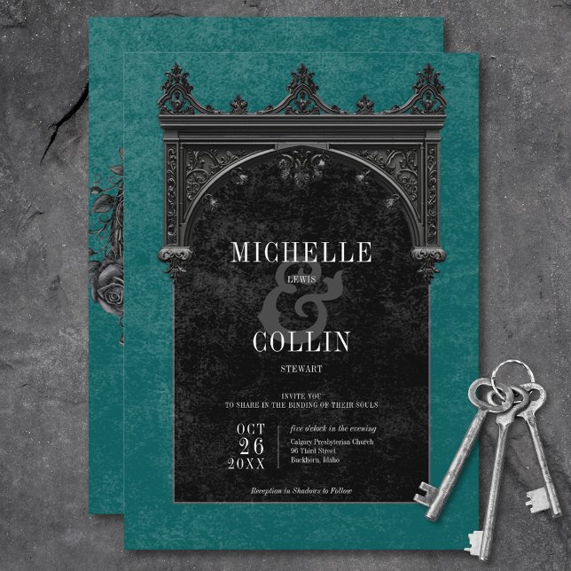 Gothic Black Arch & Black Roses Teal Wedding Invitation (Gothic Black Arch & Black Roses Teal Wedding Invitation)