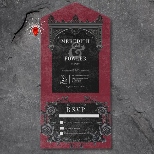 Gothic Black Arch & Black Roses Wine No Dinner All In One Invitation (Gothic Black Border 8 & Black Roses Wine No Dinner All In One Invitation)