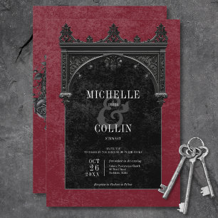 Gothic Black Arch & Black Roses Wine Wedding Invitation