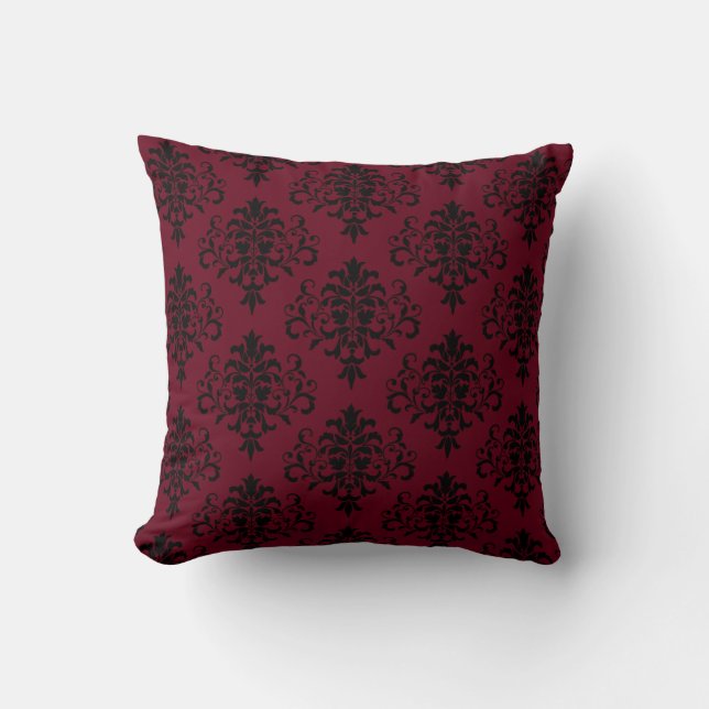 Gothic Black & Berry Damask Pattern Cushion (Front)