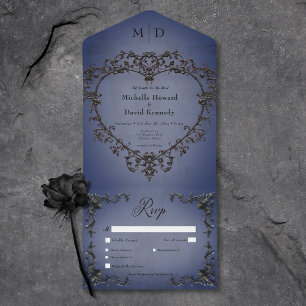 Gothic Black & Blue Filigree Heart Dinner All In One Invitation