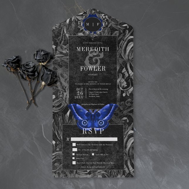 Gothic Black Blue Filigree Moth Dinner Wedding All In One Invitation (Creator Uploaded)