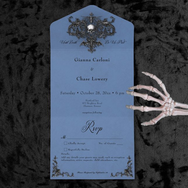 Gothic Black & Blue Halloween Filigree No Dinner All In One Invitation (Gothic Black & Blue Halloween Filigree No Dinner All In One Invitation)