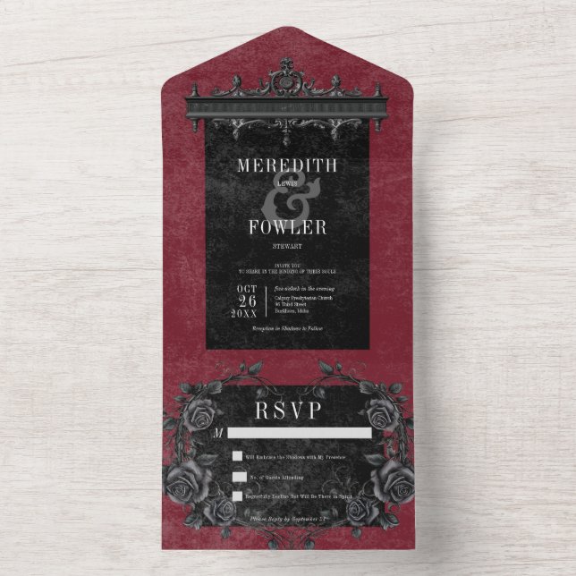 Gothic Black Border 3 & Black Roses Wine No Dinner All In One Invitation (Inside)