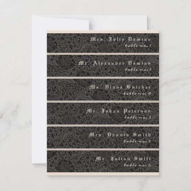 Gothic Black Botanical Flowers Slender Place Cards (Front)