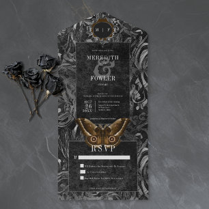 Gothic Black Brown Filigree Moth No Dinner Wedding All In One Invitation