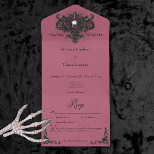 Gothic Black Burgundy Halloween Filigree No Dinner All In One Invitation