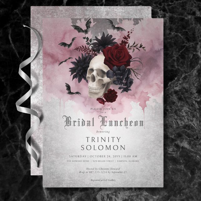 Gothic Black & Burgundy Skull & Bats Bridal Lunch Invitation (Gothic Black & Burgundy Skull & Bats Bridal Lunch Invitation)