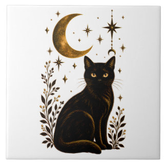 Gothic Black Cat Celestial Moon Botanical Tile