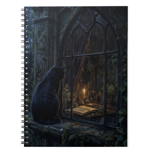 Gothic Black Cat Dark Botanical Art Print Notebook (Front)