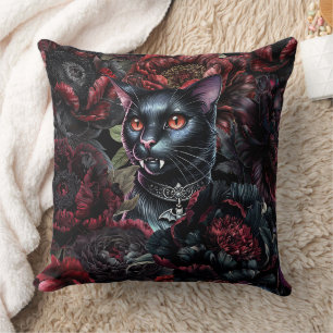 Gothic Black Cat & Dark Flowers Cushion