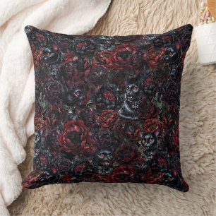 Gothic Black Cat & Dark Flowers Pattern Cushion
