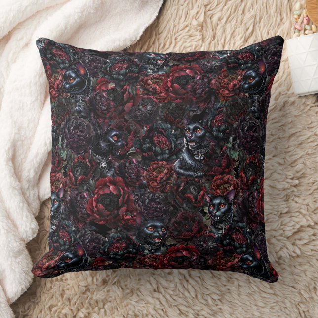Gothic Black Cat & Dark Flowers Pattern Cushion (Blanket)