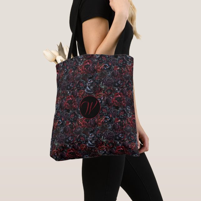 Gothic Black Cat & Dark Flowers Pattern Monogram Tote Bag (Close Up)