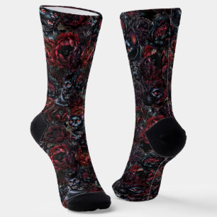 Gothic Black Cat & Dark Flowers Pattern  Socks