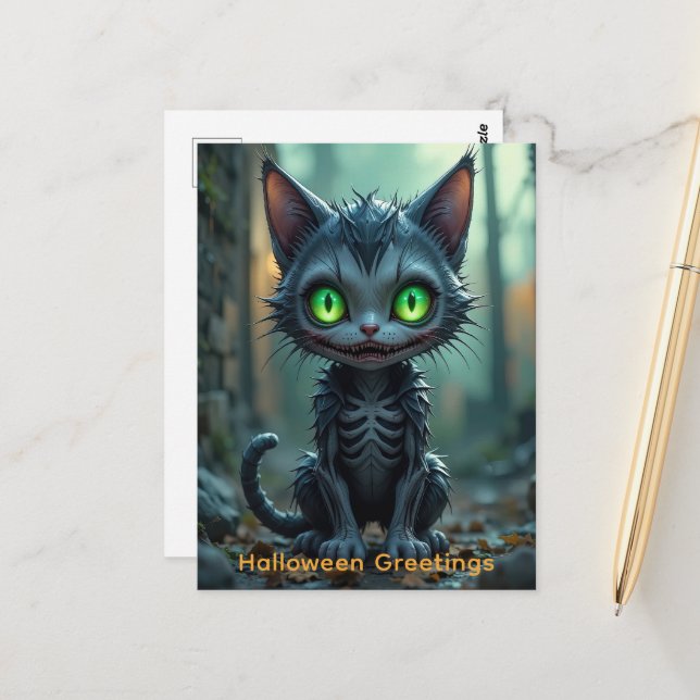 Gothic Black Cat Halloween Enchanted Forest Vibes Postcard (Front/Back In Situ)