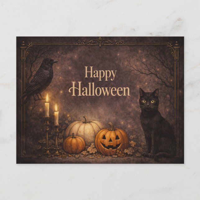 Gothic Black Cat Halloween Holiday Postcard (Front)