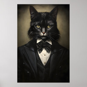 Gothic Black Cat In Suit Print, Dark Academia Poster