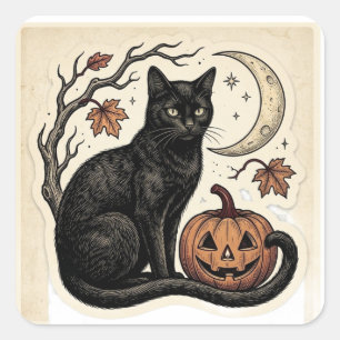 Gothic Black Cat Pumpkin Halloween Vintage Sticker