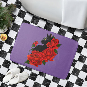 Gothic Black Cat Red Roses Purple Bath Mat