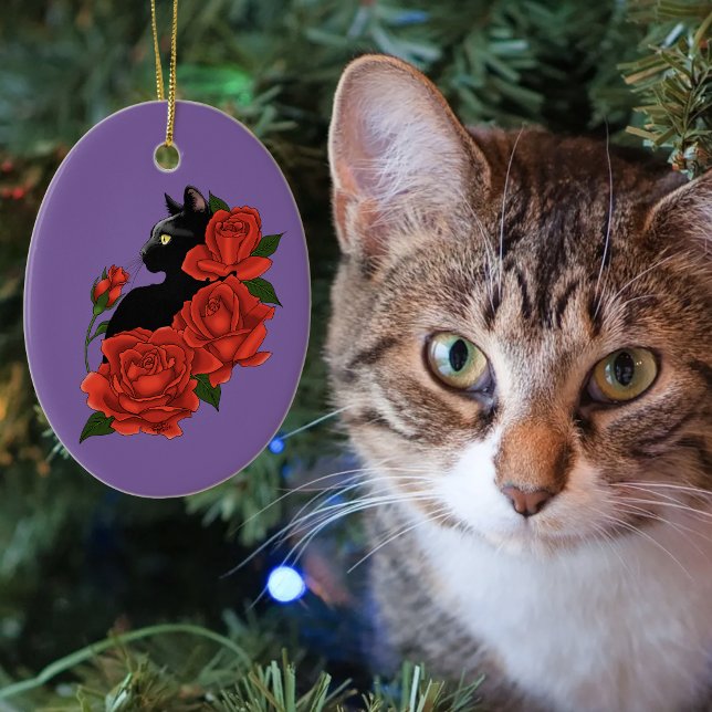 Gothic Black Cat Red Roses Purple Ceramic Tree Decoration (Creator Uploaded)