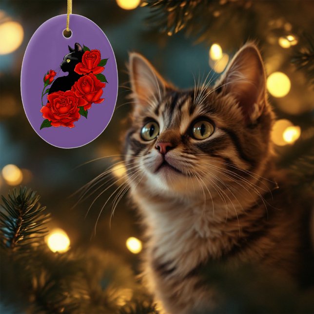 Gothic Black Cat Red Roses Purple Ceramic Tree Decoration (Creator Uploaded)