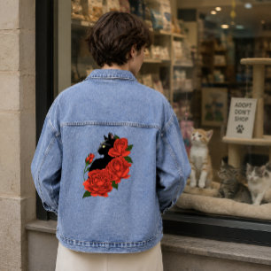 Gothic Black Cat Red Roses Purple Denim Jacket