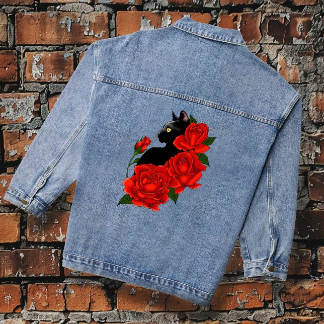 Gothic Black Cat Red Roses Purple Denim Jacket (Creator Uploaded)