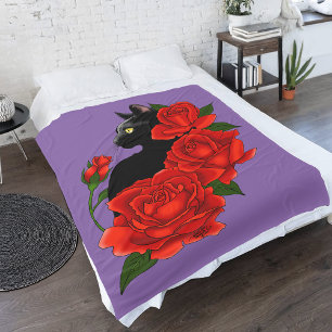 Gothic Black Cat Red Roses Purple Fleece Blanket