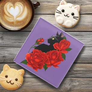 Gothic Black Cat Red Roses Purple Glass Coaster