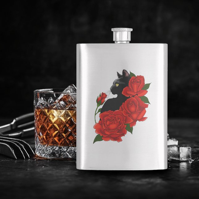 Gothic Black Cat Red Roses Purple Hip Flask (Creator Uploaded)