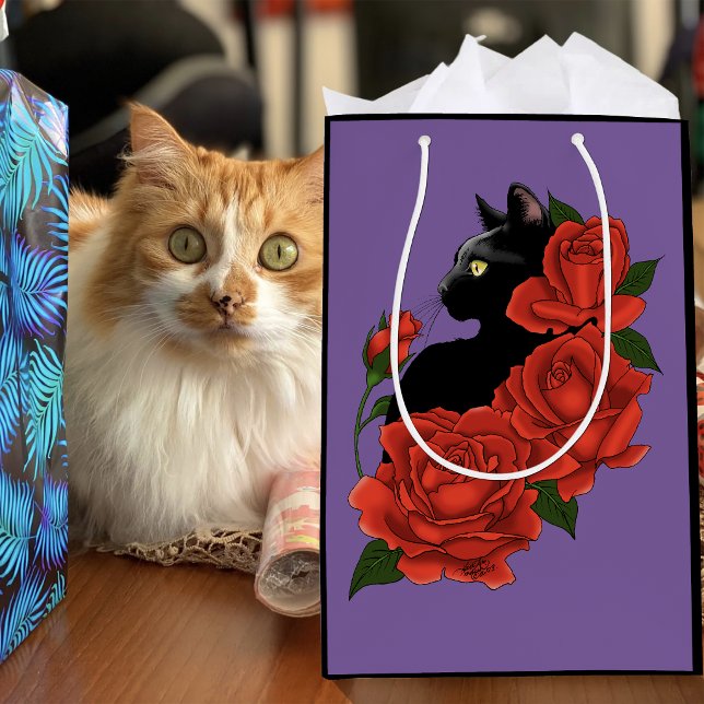 Gothic Black Cat Red Roses Purple Medium Gift Bag (Creator Uploaded)
