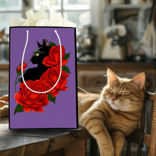 Gothic Black Cat Red Roses Purple Medium Gift Bag