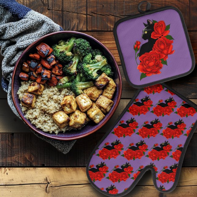 Gothic Black Cat Red Roses Purple Oven Mitt & Pot Holder Set (Creator Uploaded)