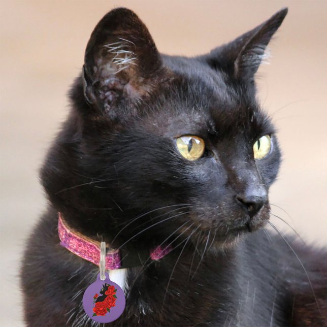 Gothic Black Cat Red Roses Purple Pet Tag (Creator Uploaded)