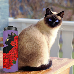 Gothic Black Cat Red Roses Purple Thermal Tumbler