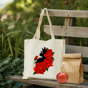 Gothic Black Cat Red Roses Purple Tote Bag