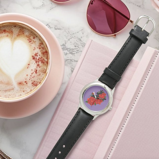 Gothic Black Cat Red Roses Purple Watch (Creator Uploaded)