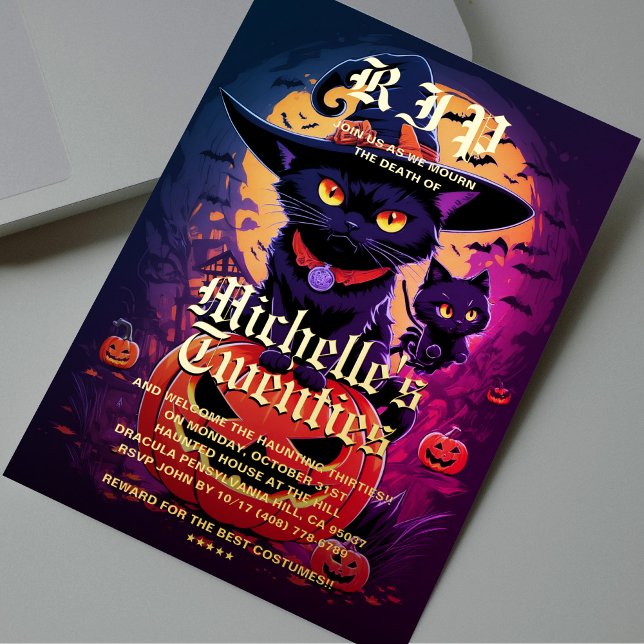Gothic Black Cat Witch Halloween Birthday (Gothic Cat Witch Pumpkin Halloween Birthday Foil Invitation
)