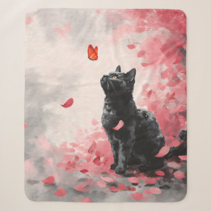 Gothic Black Cat with Crimson Butterfly and Sakura Sherpa Blanket