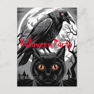 Gothic Black Crow & Cat Spooky Halloween Party Postcard