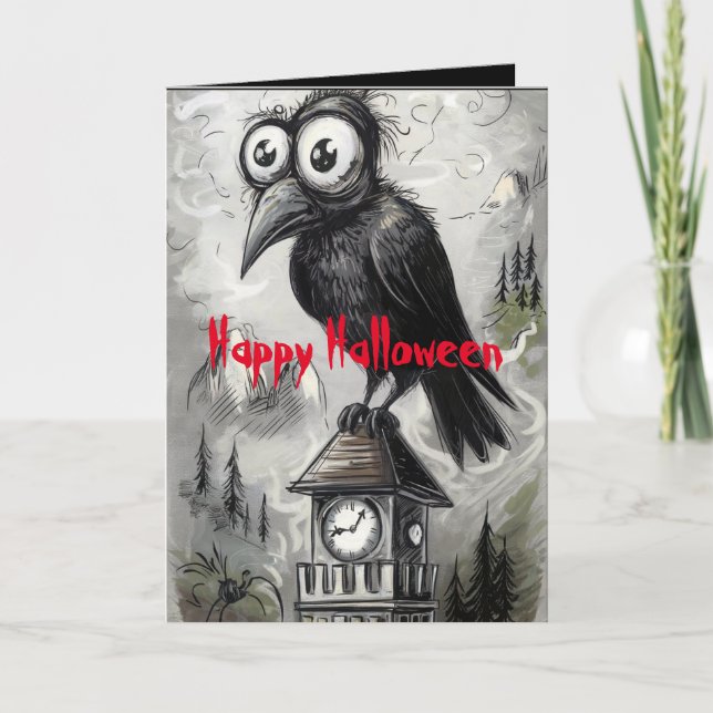 Gothic Black Crow & Tower Spooky Halloween Card (Front)