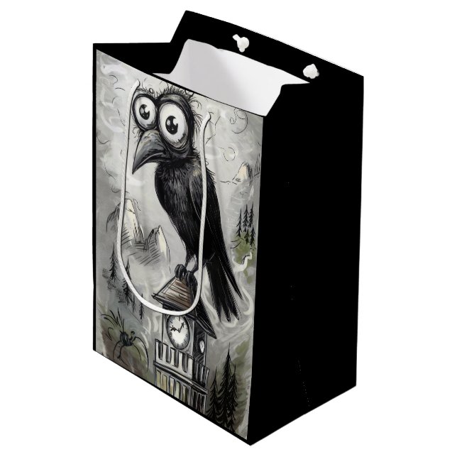 Gothic Black Crow & Tower Spooky Halloween Medium Gift Bag (Front Angled)
